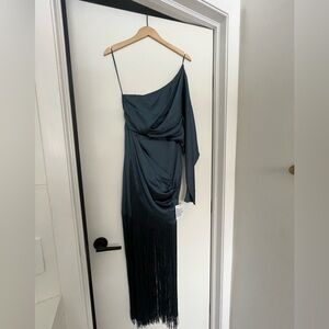 ASOS One-Shoulder Fringe Dress in Dark Teal